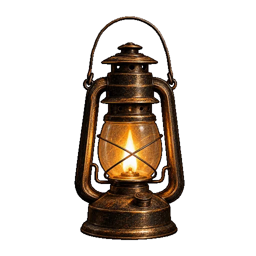 A brass lantern with a lit flame