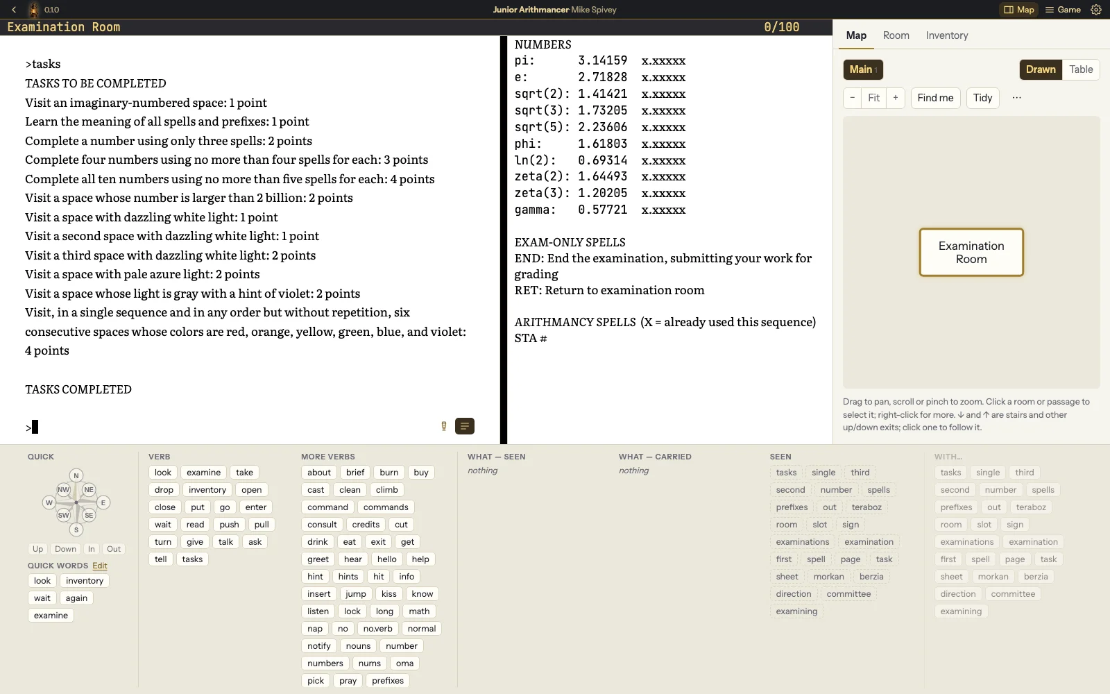Junior Arithmancer with the command tray open: a compass rose, quick words, verbs, and the words the game has shown so far, each a button that fills in the command line.