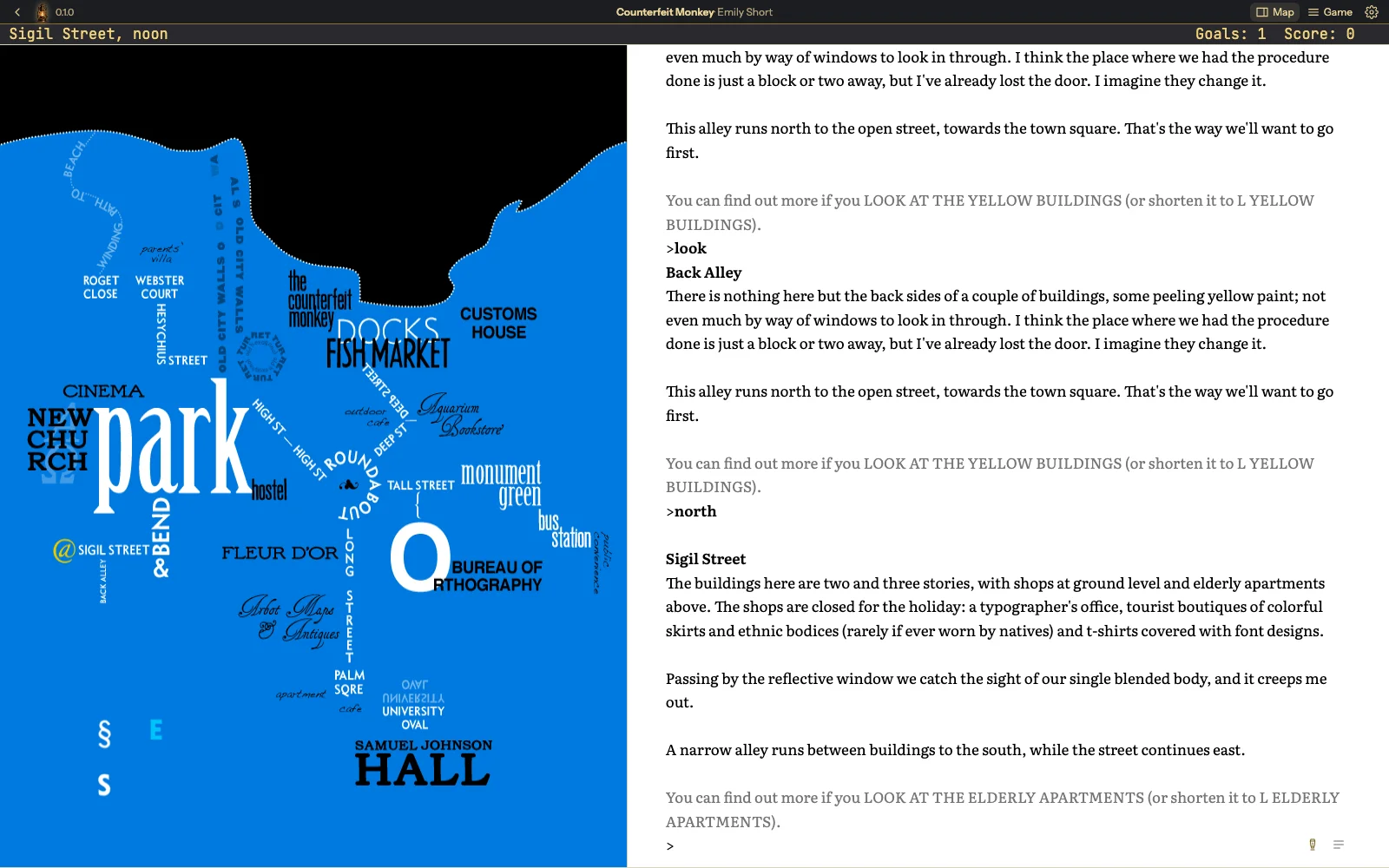 Counterfeit Monkey: the game's own typographic map of the town of Atlantis on the left, and the story text on the right under a status line reading Sigil Street, noon.