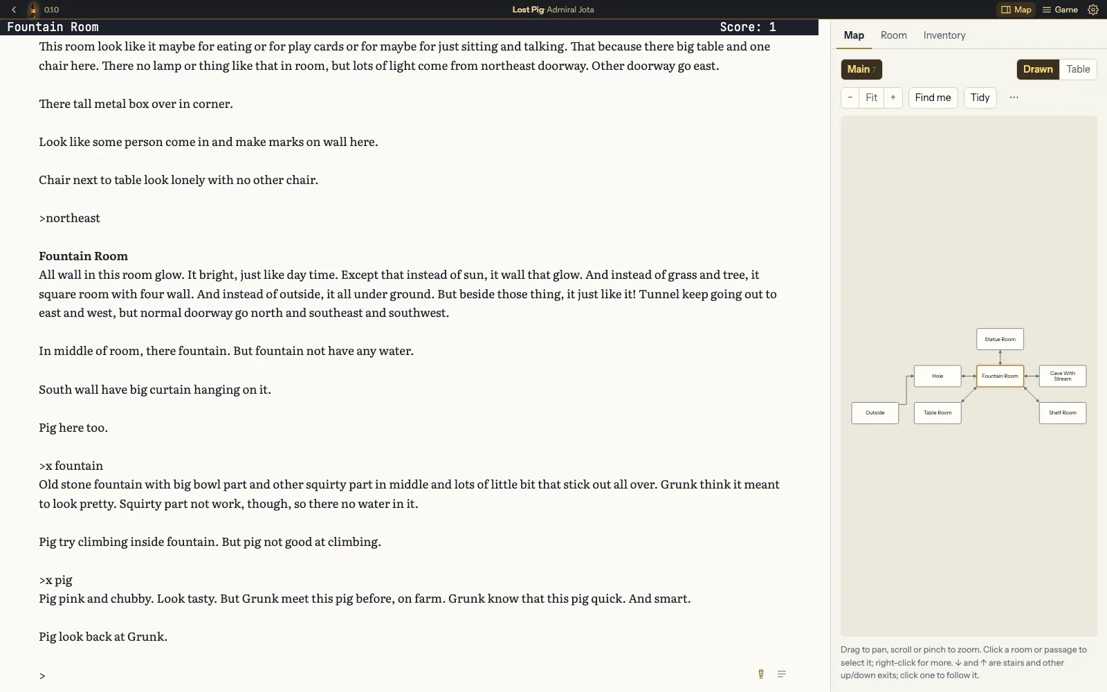 The Golden Lanthorn playing Lost Pig: Grunk's story in a book typeface on the left, and on the right a map of the rooms explored so far, with the Fountain Room highlighted.